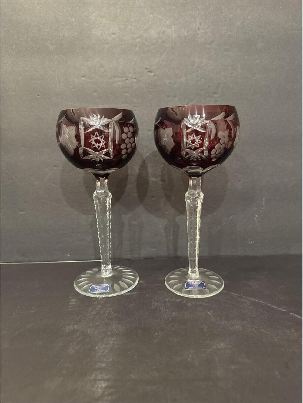 (2) Crystal Legends By Godinger Crystal Ruby Red Cut To Clear Stem Wine Glasses
